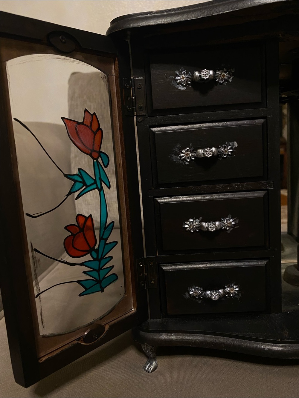 Vintage Hand Painted Black Wooden Jewelry Armoire with Stained Glass Doors - Picture 4 of 9